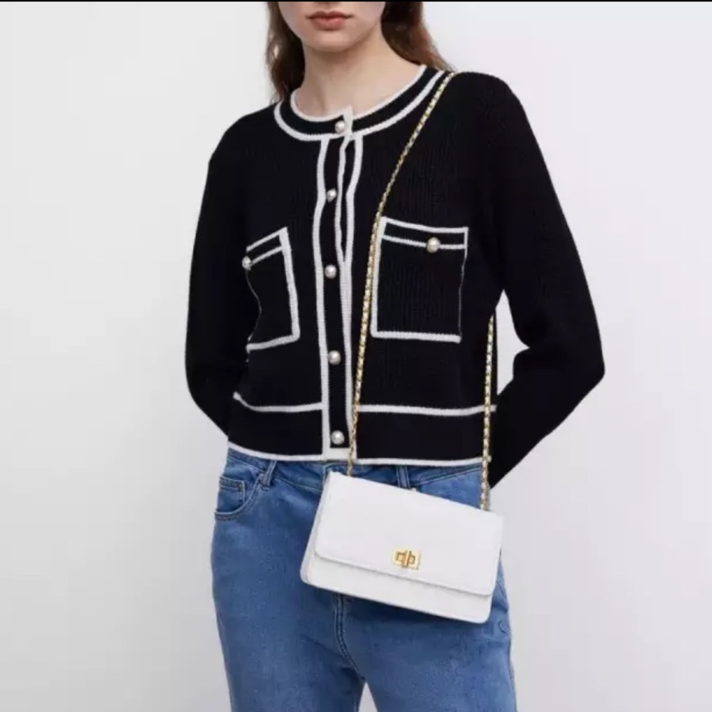 Urban Revivo Contrast Trim Tweed Cardigan Pearl Tennis Black White Small / 4